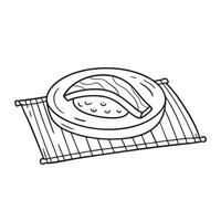 A small table with unagi dish and bamboo mat served on top vector