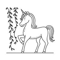 A unicorn strolling with its horn brushing soft vines vector
