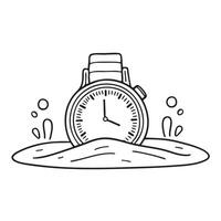 A timepiece resting facedown in the sand under water vector