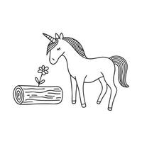 A unicorn sniffing a flower next to a log lying on the ground vector