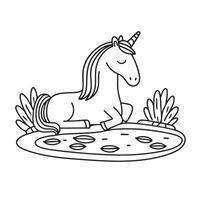 A unicorn resting peacefully next to a pond with floating leaves vector