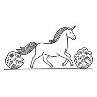 A unicorn trotting alongside a line of leafy bushes vector
