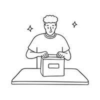 A person opening a parcel on a small wooden table vector