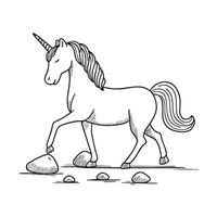 A unicorn walking slowly across stones scattered in a path vector