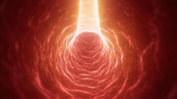 Intense red and orange glowing tunnel visual with radiant energy lines, resembling a plasma or bio-energy conduit video