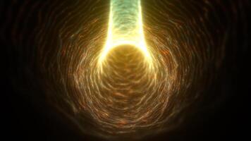 Orange-golden glowing tunnel with dynamic light strands and digital particle motion in a sci-fi style video