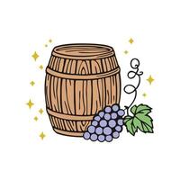 Line art of grape cluster beside a wooden barrel vector