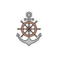 Outlined ship wheel paired with anchor symbol vector