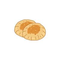 An icon depicting two pieces of round, slightly puffed Arabic flatbread. This represents khubz, a staple bread in the Middle East used for scooping food or making sandwiches. vector