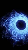 Abstract glowing blue sphere surrounded by energetic particle waves on a dark background video