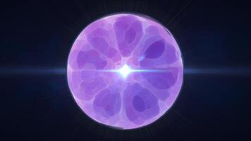 Glowing purple plasma sphere with intense center light, radiating energy on a dark background video