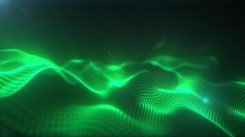 Abstract futuristic background featuring green glowing digital particles forming dynamic waves, sci-fi and tech concept video