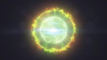 Bright neon green glowing sphere with energy waves and light flares, radiating a futuristic digital effect video