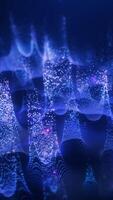 Abstract 3D visualization of floating particles and mesh waves in dark blue tones with glowing accents video