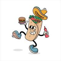 Happy Burrito Character Holding Burger and Sauce, Sombrero and Fast Food Elements vector