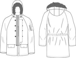Winter Hooded Jacket Front and Back Illustration, Jacket with Fur Lining and Pockets vector