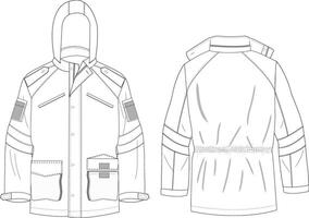Utility Jacket Front and Back Illustration, Hooded Jacket with Pockets and Military Details vector