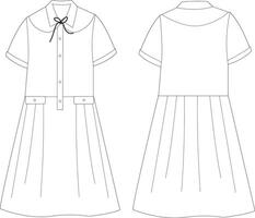 Flat Sketch of Girls Pleated Dress with Sailor Collar and Front Button Front and Back View vector