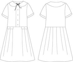 Flat Sketch of Girls School Uniform with Rounded Collar, Pleated Skirt, and Short Sleeves vector