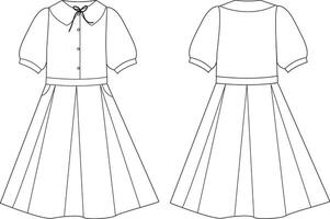Flat Sketch of Girls Pleated Dress with Puff Sleeves Technical Drawing Front and Back View vector