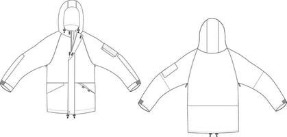 Winter Hooded Jacket Front and Back Illustration, Zip-Up Jacket with Pockets and Sleeves vector