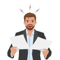 Angry businessman tears through documents with visible frustration. vector