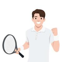 Tennis player in white attire raises his fist in triumph, holding a racket after successful moment. vector
