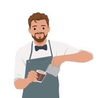 Barista in an apron carefully pours milk into a coffee cup, creating a delicious latte. vector
