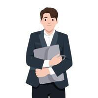Young businessman dressed in a formal suit, confidently holding a briefcase with a slight smile. vector
