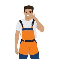 Engineer wearing an orange and blue uniform gestures a phone call with a smile, Ready to assist. vector
