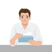 Man with a sad expression opens an envelope, possibly receiving a termination letter or bad news. vector