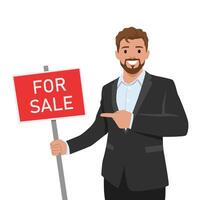 Man in a suit confidently points to For Sale sign, ready to attract potential buyers or investors. vector