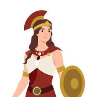 Spartan woman clad in red and gold armor, holding a shield and wearing a traditional crested helmet. vector