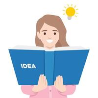 Woman discovers a bright idea while reading a book titled IDEA, Glowing light bulb above her head. vector
