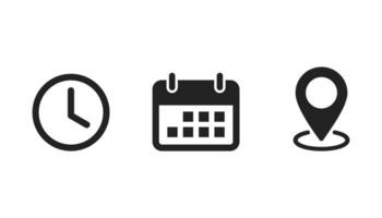 Time, date and address icon set. Calendar, clock, location. vector