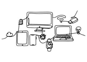 A set of objects drawn in one line art style on the theme of technology. vector