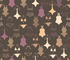 Seamless pattern for fabric with different bikini swimsuits in doodle style in brown tones. vector
