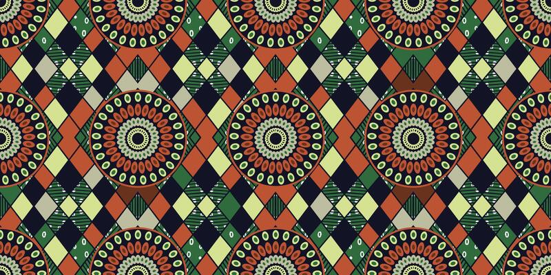 African ethnic traditional green and orange pattern. seamless beautiful Kitenge, chitenge style. fashion design in colorful. Geometric circle abstract motif. Floral Ankara prints, African wax prints.
