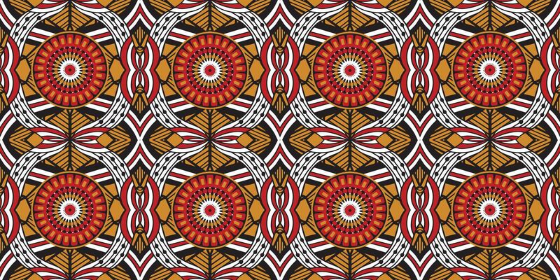 African ethnic traditional orange pattern. seamless beautiful Kitenge, chitenge style. fashion design in brown. Geometric circle orange abstract motif. Floral Ankara prints, African wax prints.