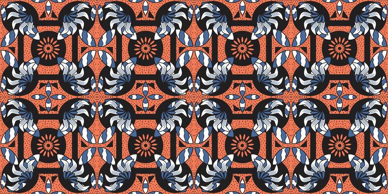 African ethnic traditional orange pattern. seamless beautiful Kitenge, chitenge style. fashion design in blue. Geometric circle orange abstract motif. Floral Ankara prints, African wax prints.