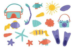 Set of summer beach objects. Collection of shells, fishes, camera and equipment for snorkeling. vector