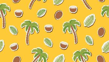 Summer seamless pattern of palm trees and coconuts on yellow background. Concept of travel, vacation, summer, tropical climate, resting. vector