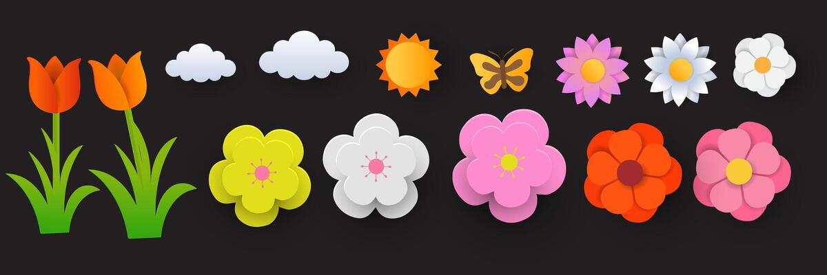 a set of paper flowers and butterflies