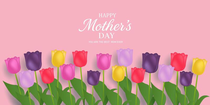 happy mothers day card with tulips on pink background