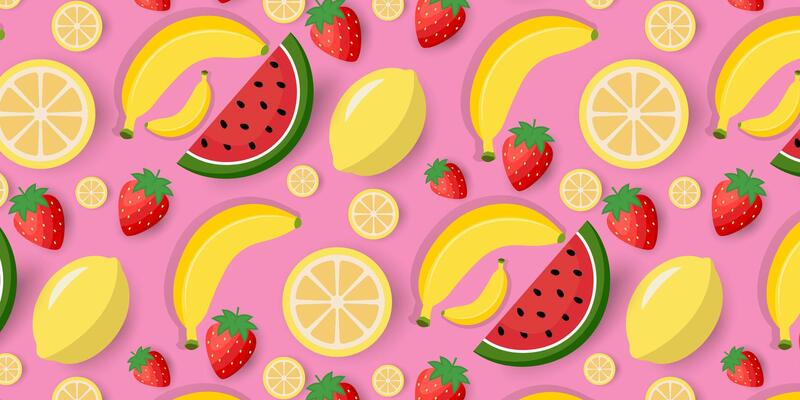 a pattern with fruit and lemons on a pink background