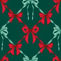 Christmas Ribbon Bows Lattice Seamless Pattern. Coquette Vintage and Christmas checkered pattern with green, red bows. Retro background for feminine project, wrapping paper, seasonal design vector