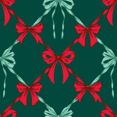 Christmas Ribbon Bows Lattice Seamless Pattern. Coquette Vintage and Christmas checkered pattern with green, red bows. Retro background for feminine project, wrapping paper, seasonal design