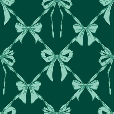 Green Ribbon Bows Lattice Seamless Pattern. Coquette, Vintage and Christmas checkered pattern with bows. Retro background for feminine projects, wrapping paper, textiles, and seasonal designs