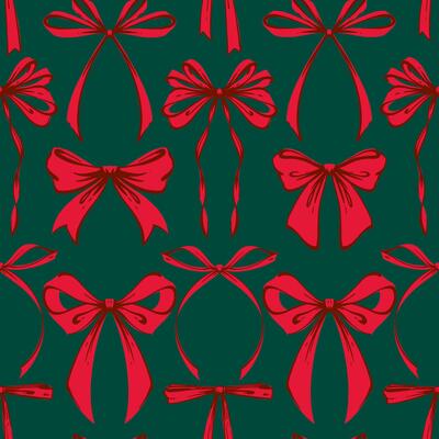 Christmas Red Ribbon Bows Seamless Pattern on green background. Coquette Hand-drawn festive ribbon bows in whimsical, vintage style. Retro holiday print for gift wrap, textiles, card, seasonal designs