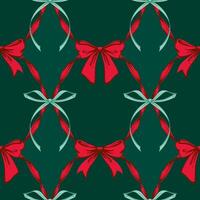 Christmas Ribbon Bows Lattice Seamless Pattern. Coquette Vintage and Christmas checkered pattern with green, red bows. Retro background for feminine project, wrapping paper, textile vector